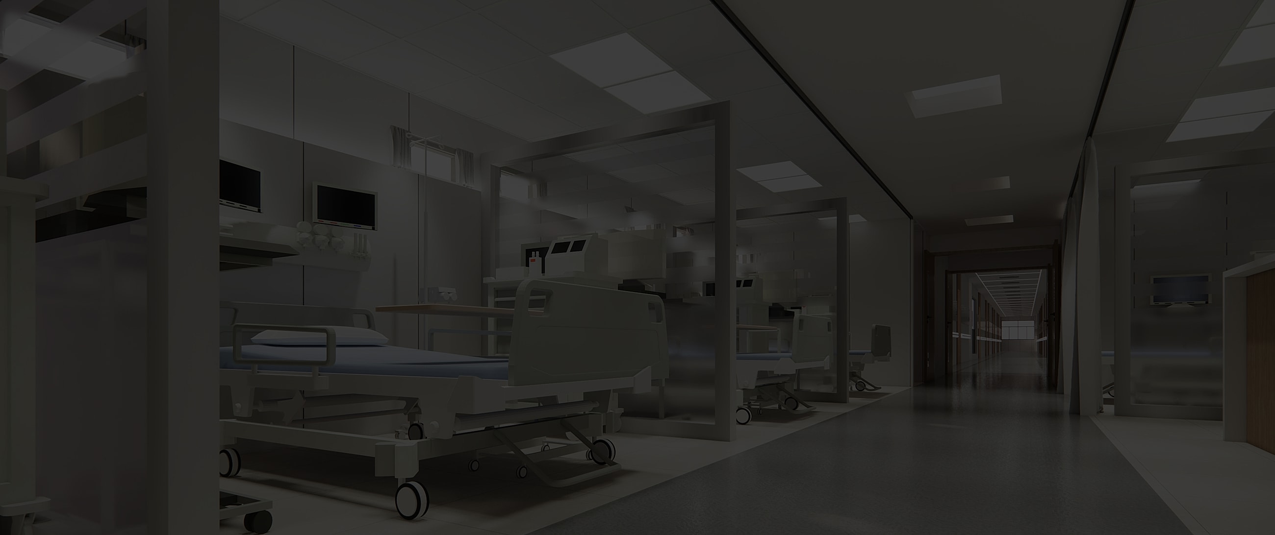 Hospital hallway with empty patient rooms.