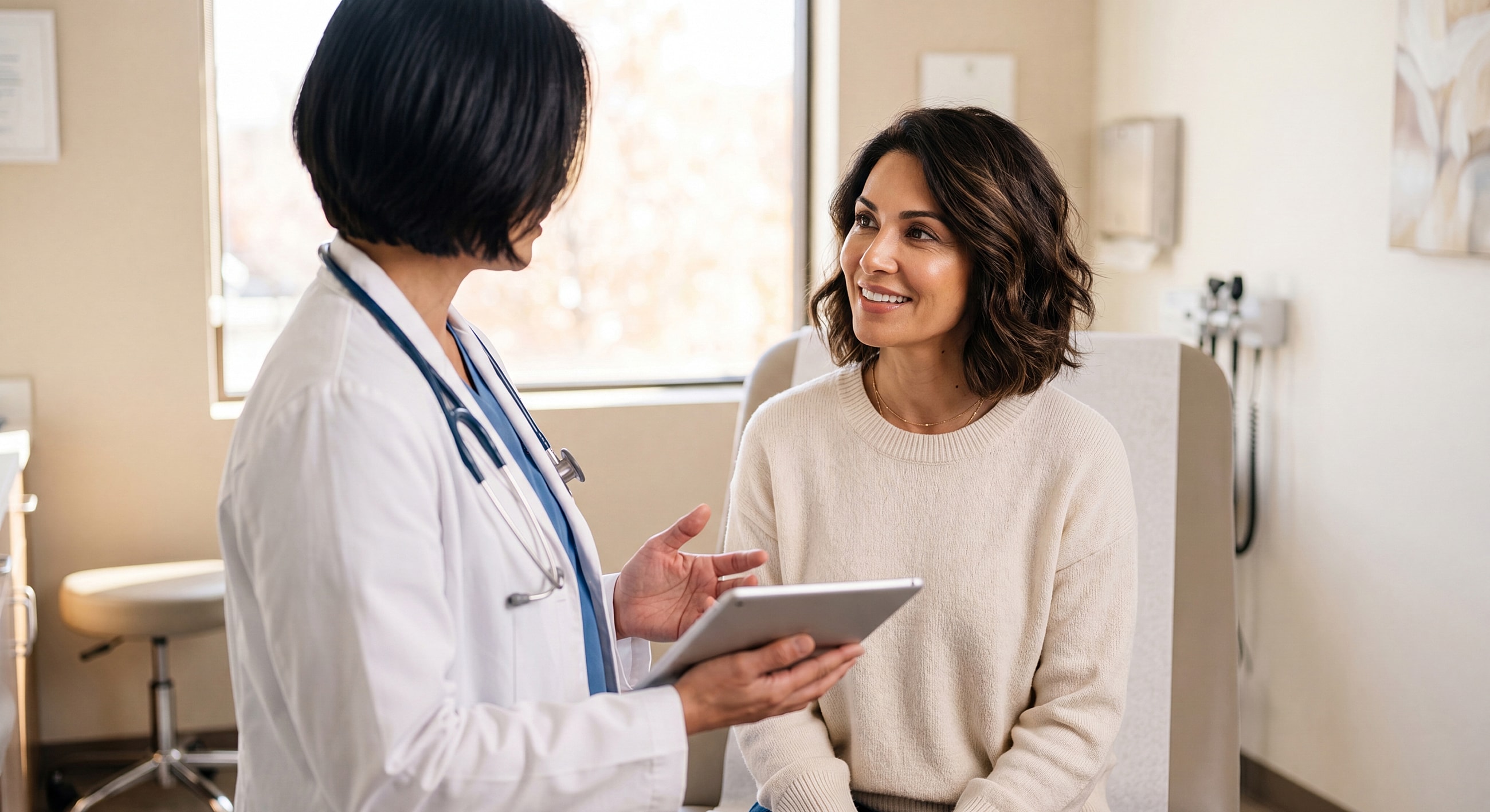 Doctor discussing health with patient in office.