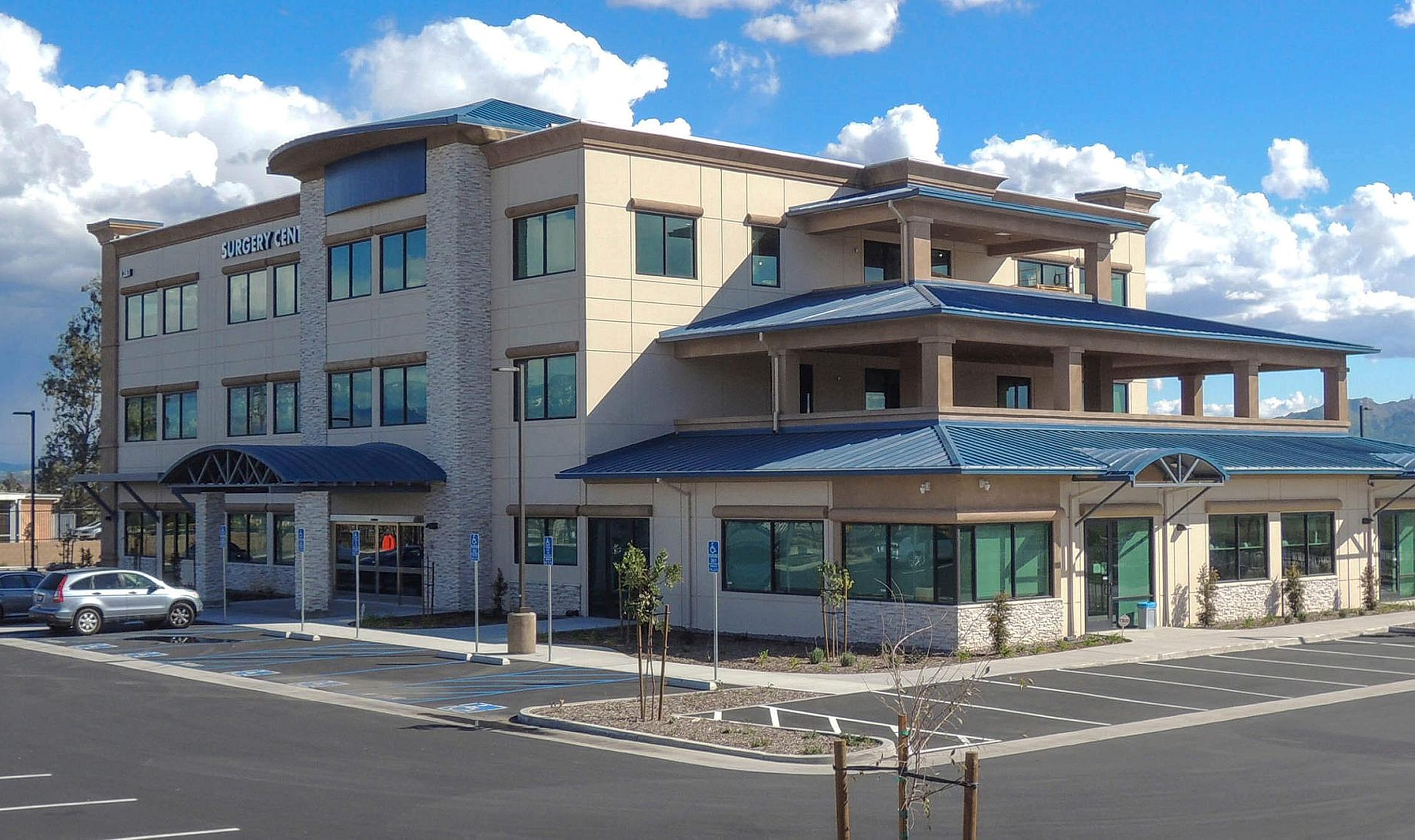 Medical office building in a clear blue sky.